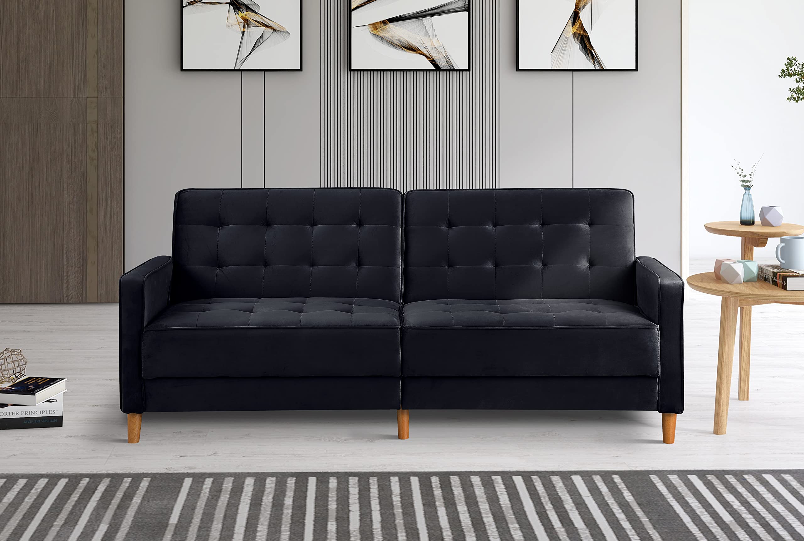 Velvet Upholstered Futon Sofa Bed - Modern Convertible Loveseat Couch with Square Armrests, Foldable Adjustable Sleeper for Small Spaces, Living Room, Bedroom & Apartment (Black) | Perfect for Guest Sleeping, Lounge Relaxing & Space Saving Solutions