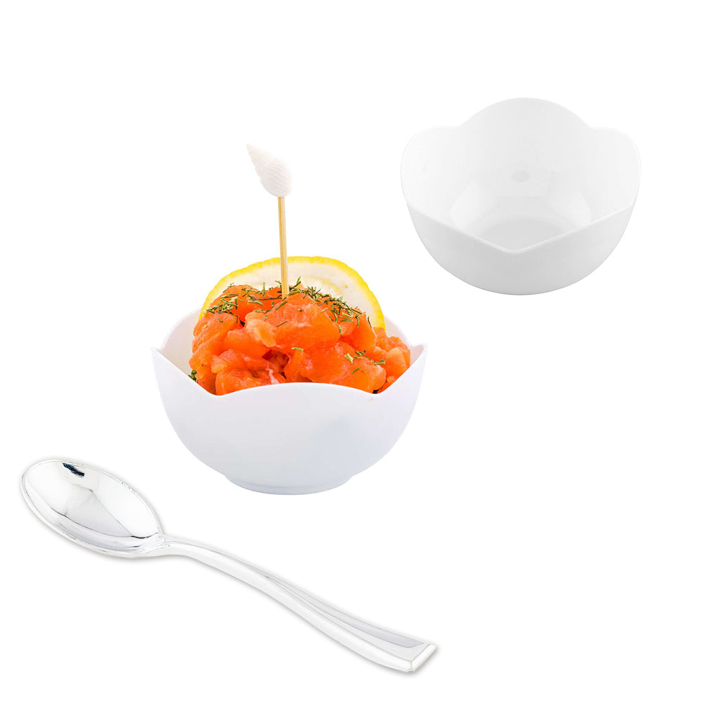 100 Pack 2 oz Round White Plastic Le Fleur Cups with 100 Silver Mini Spoons - Perfect for Party Favors, Wedding Decorations, and Dessert Serving