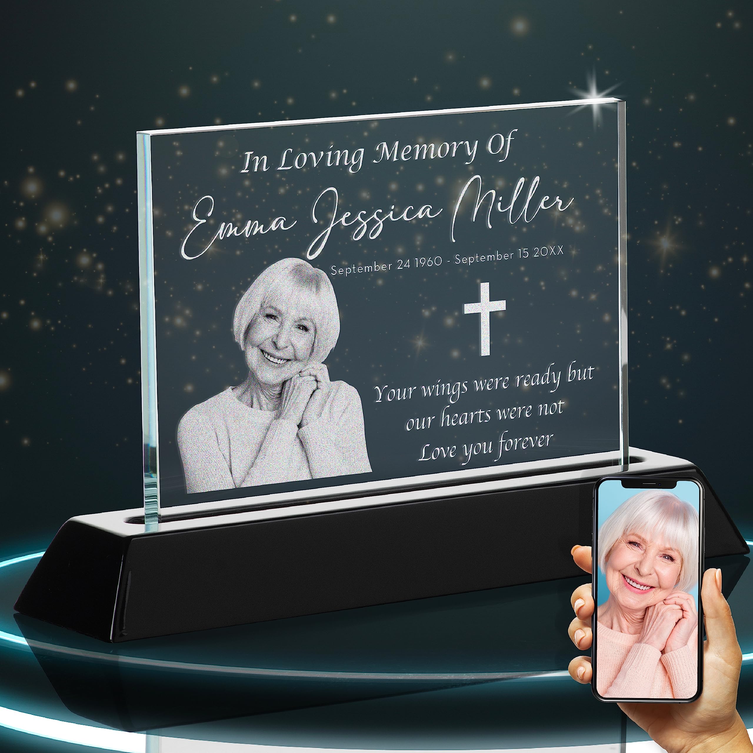 Personalized 3D Photo Crystal Sympathy Gifts - Custom Engraved with Your Photo, Name & Date - Memorial Keepsake for Loss of Loved Ones - Perfect for Funerals, Memorials & Healing Gifts (Horizontal)