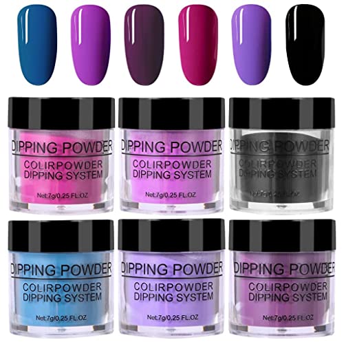 6 Pcs Dip Powder Nail Kit - Professional Starter Set for Natural Nails (Red, Black, Purple, Blue) | No UV Lamp Needed | DIY Salon-Quality Manicure at Home | Perfect for Parties, Weddings & Everyday Wear