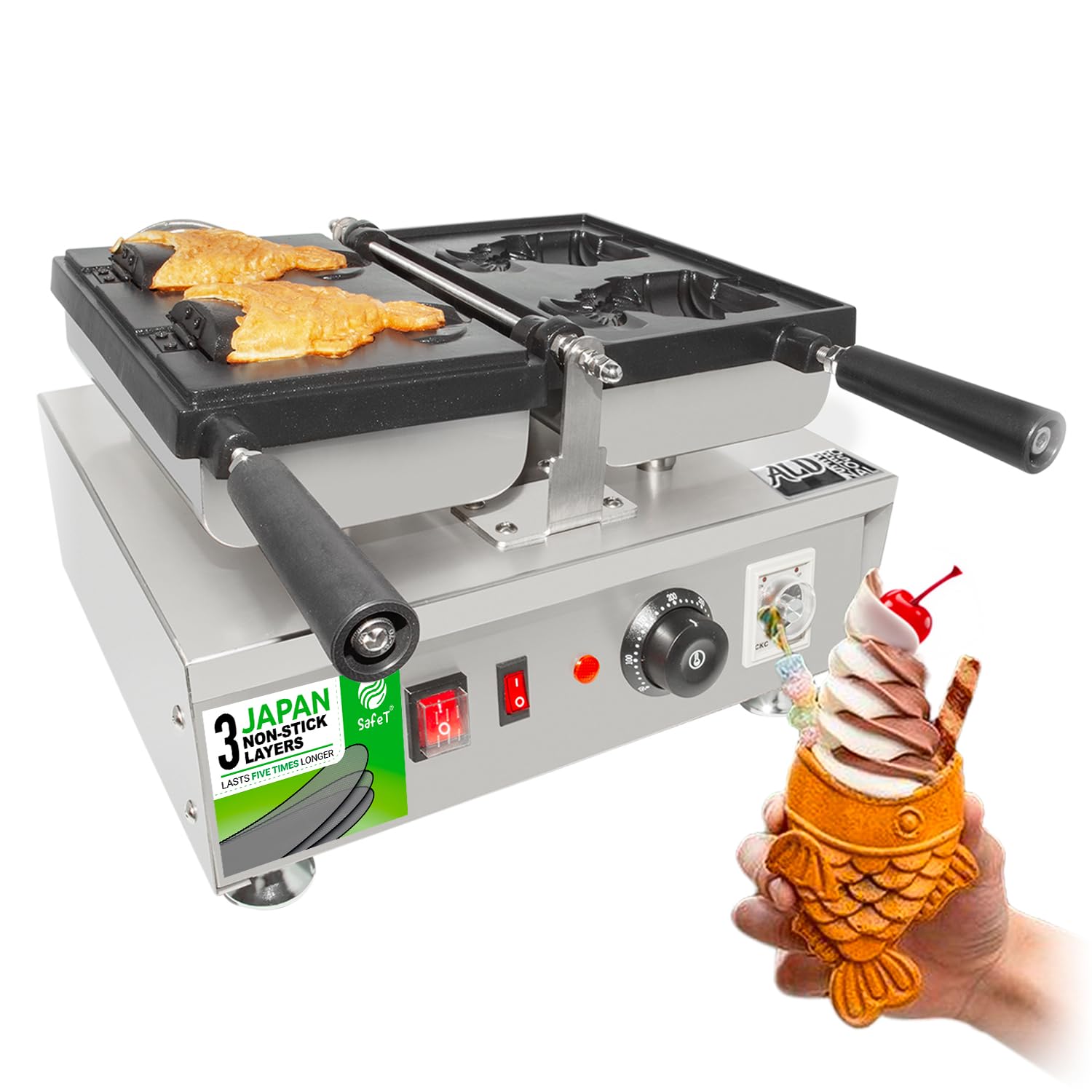 ALDKitchen Electric Taiyaki Fish Waffle Maker - Professional Stainless Steel Nonstick Coating, 110V (Open Mouth x 2) - Perfect for Making Japanese Fish-Shaped Waffles, Desserts, and Street-Style Snacks at Home