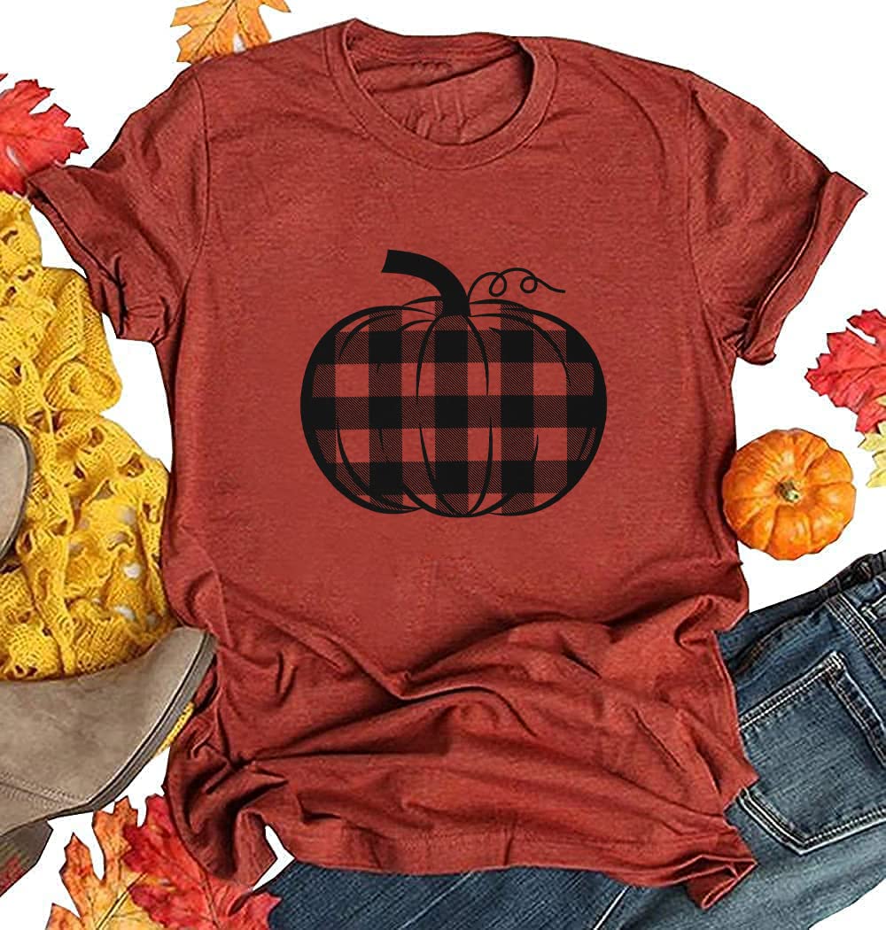 LUKYCILD Women's Halloween Pumpkin Graphic T-Shirt - Plaid & Leopard Print Short Sleeve Fall Top for Thanksgiving & Autumn Outfits | Casual Wear, Costume Parties & Seasonal Festivities