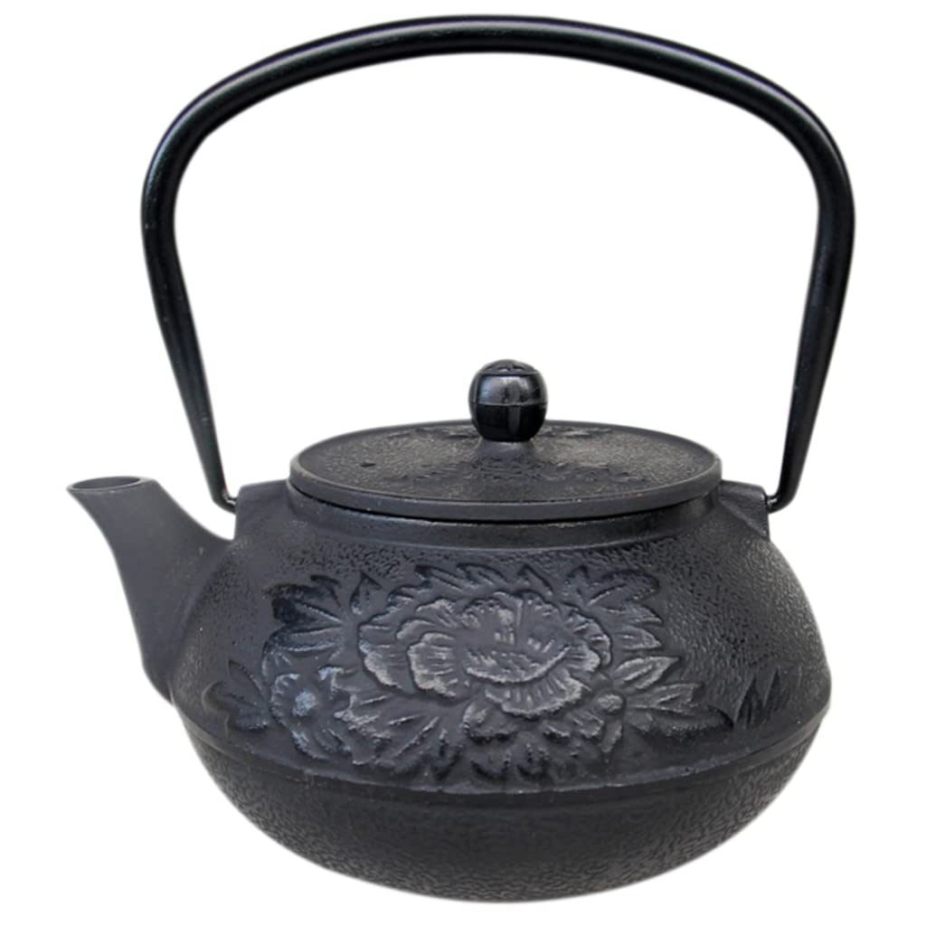 Premium Japanese Black Cast Iron Tea Kettle with Trivet & Strainer - Traditional 9-Pattern Design (Peony) - Perfect for Home Brewing, Tea Ceremonies & Gift Giving