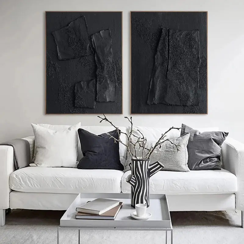Minimalist Black Plaster Art Textured Paintings - Set of 2 Modern Abstract Wall Decor #MZ026 - Perfect for Living Room, Bedroom & Office Decor