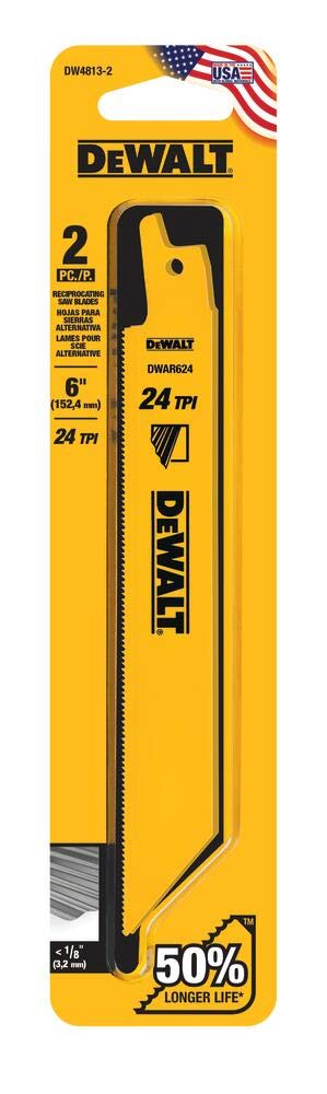 DEWALT 6-Inch 24 TPI Reciprocating Saw Blades, Straight Back, 2-Pack (DW4813-2) – Perfect for Wood, Metal & PVC Cutting in Construction & DIY Projects