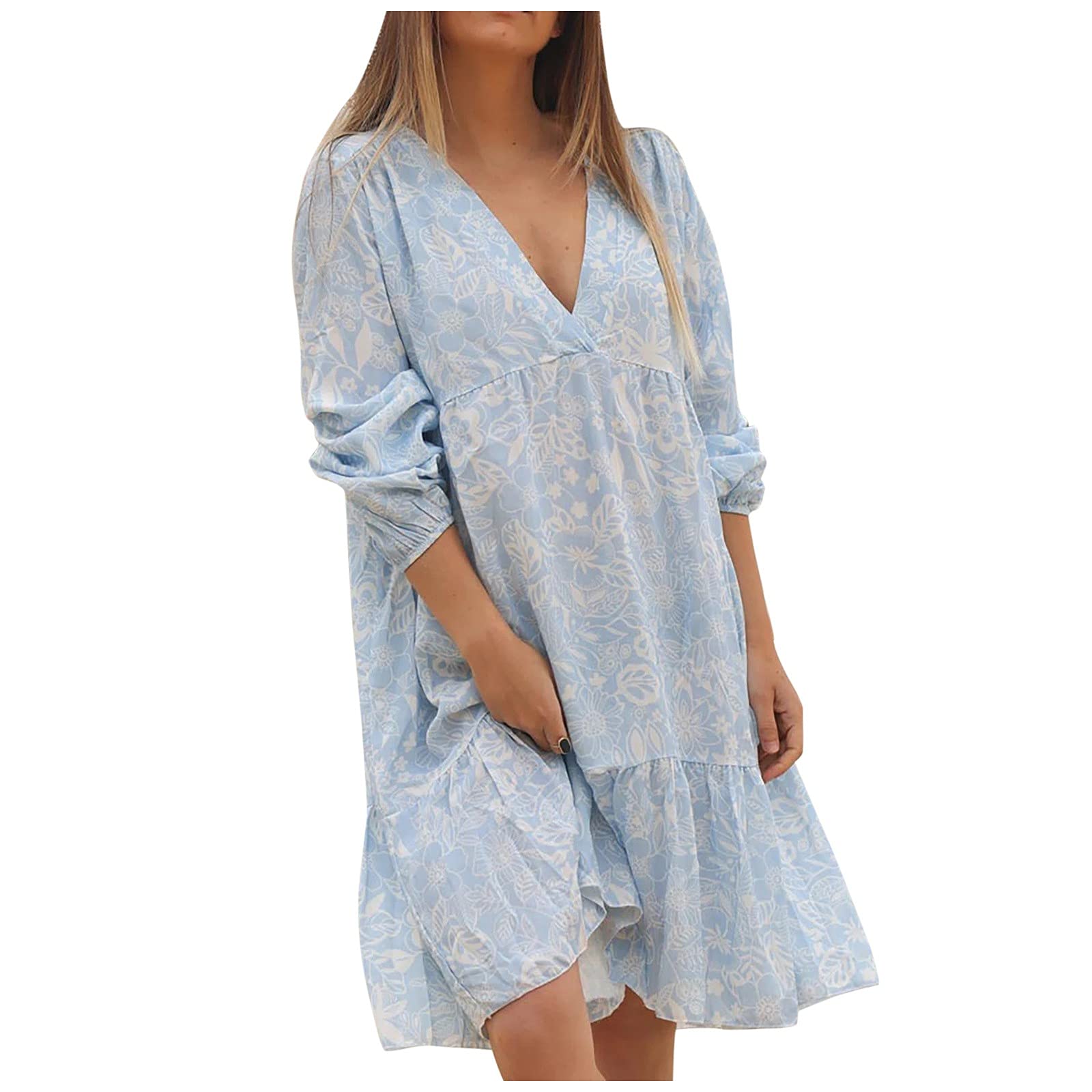 Elegant Women's V-Neck Floral Print Long Sleeve Casual Dress for Office, Party & Everyday Wear | UKIMNH Fashion