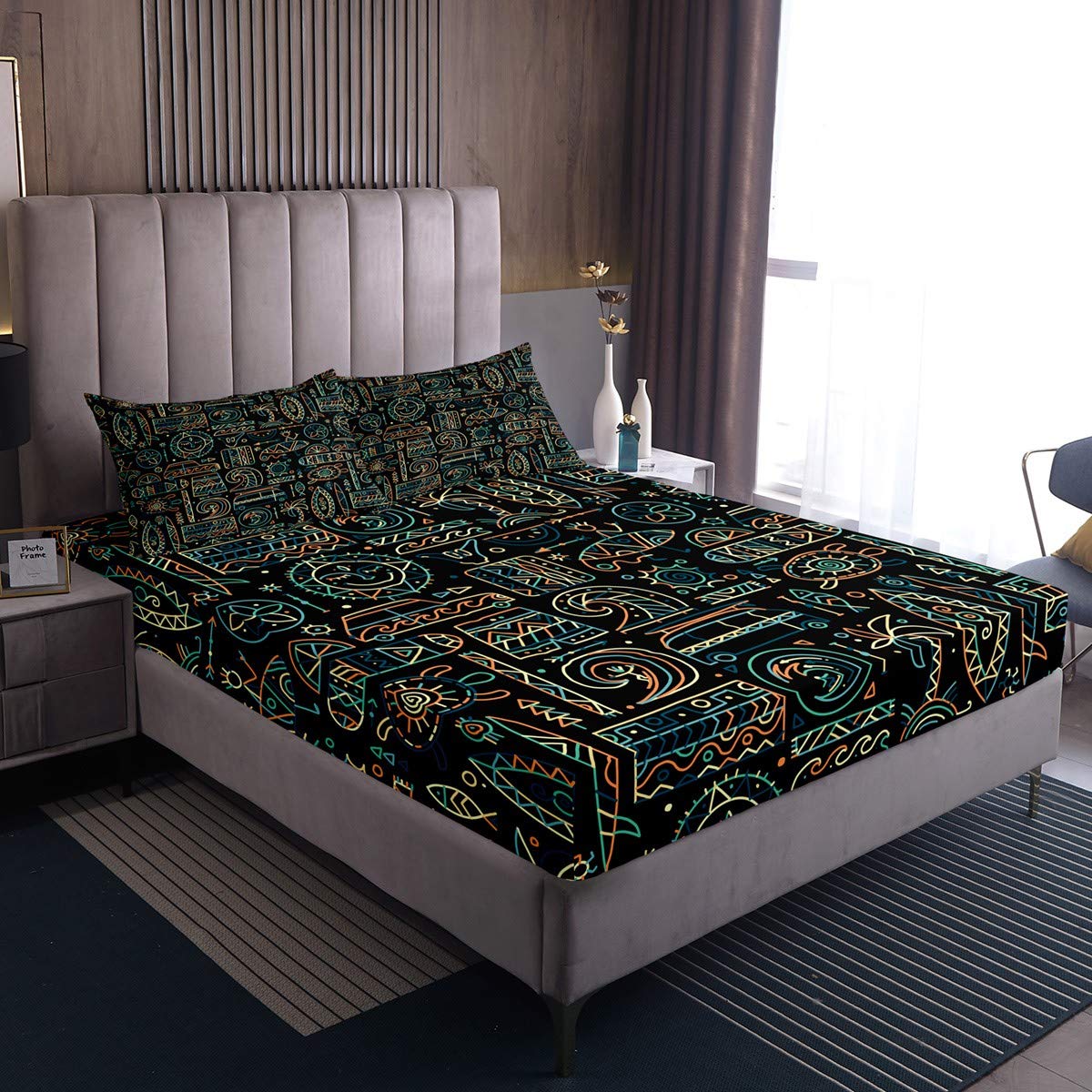 Homewish Geometric Bedding Set 3pc - Full Size Microfiber Cartoon Sun Moon Design for Kids, Boys & Teens - Tribal Pattern Fitted Sheet with 2 Pillowcases - Soft & Durable for Bedroom Decor
