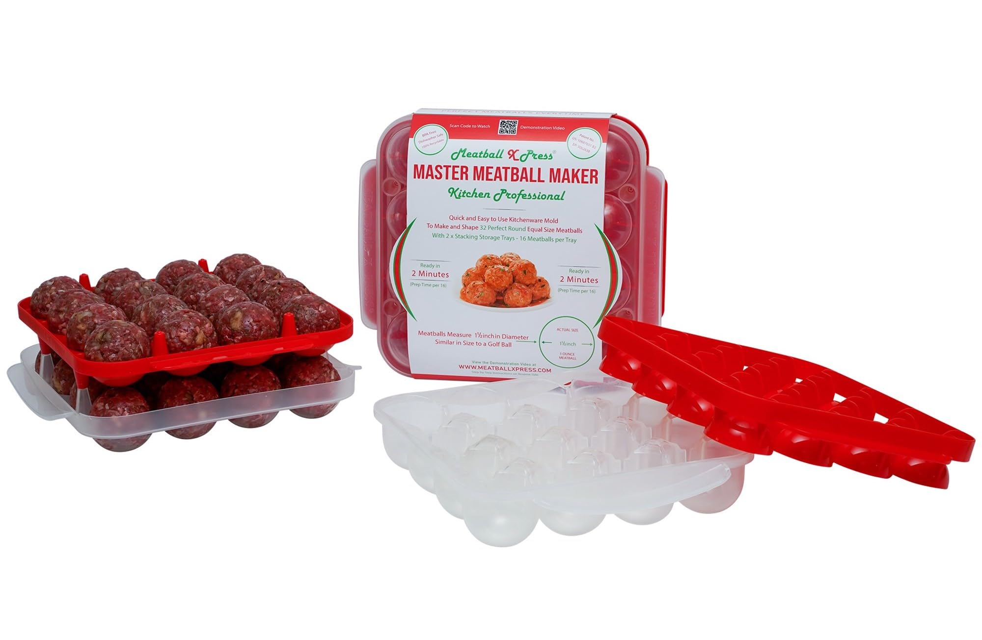 Professional Meatball Maker & Stacking Storage Tray System - 32 Meatball Capacity - Perfect for Meal Prep, Party Platters & Kitchen Organization