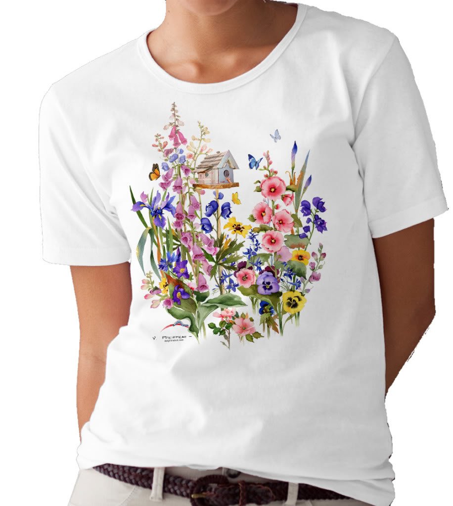 Valerie Pfeiffer Birdhouse & Garden Flowers Graphic T-Shirt for Women - Casual Summer Tee for Outdoor Activities, Gardening & Relaxing