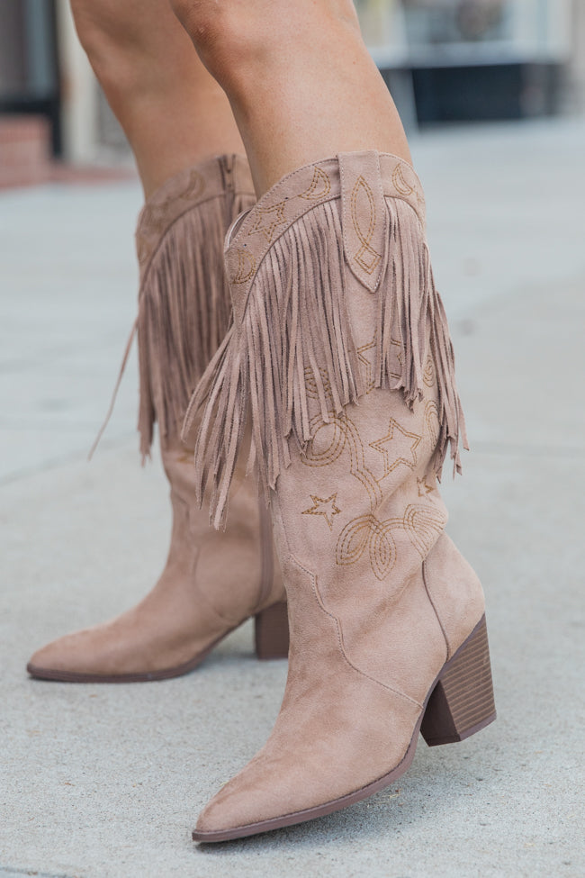 Stylish Suede Fringe & Star Embellished Boots in Warm Taupe - Women's Western Ankle Boots for Fall & Winter Fashion | Perfect for Parties, Concerts and Casual Outings