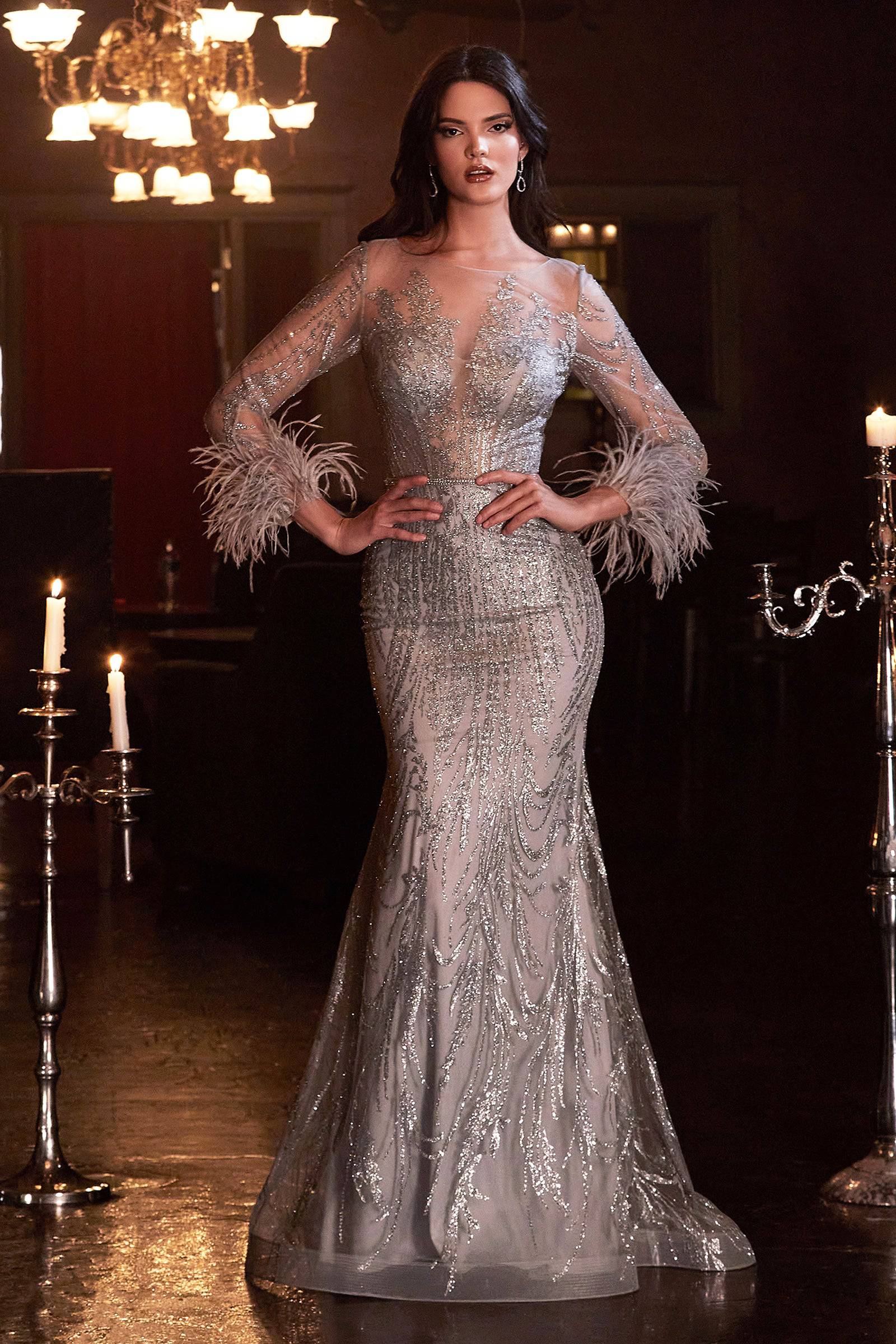 Cinderella Divine CB090 Silver Sequin & Feather Sheer Long Sleeve Party Dress for Prom, Evening Gala & Special Occasions