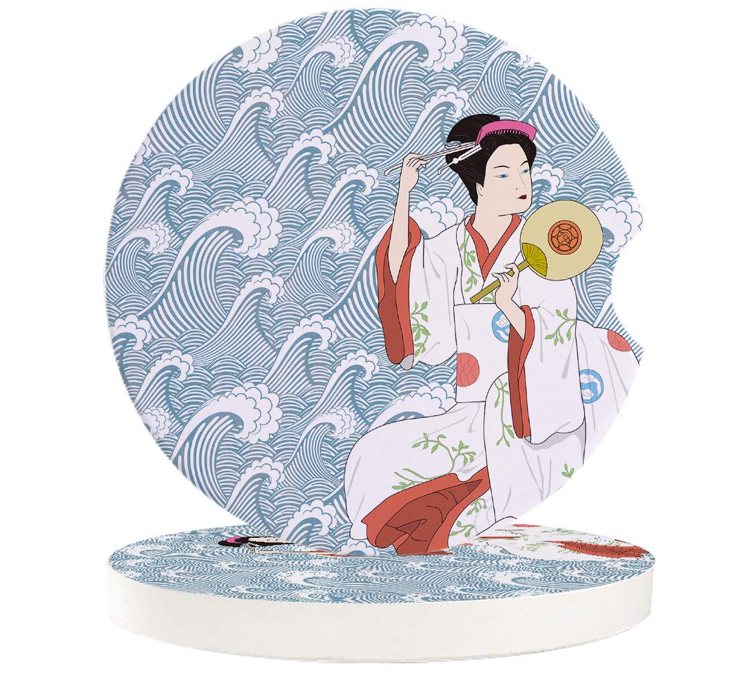 Japanese Geisha Wave Design Ceramic Car Coasters – 4 Pack Absorbent Car Cupholders with Finger Notch for Easy Removal – Perfect for Cars, Trucks, and SUVs