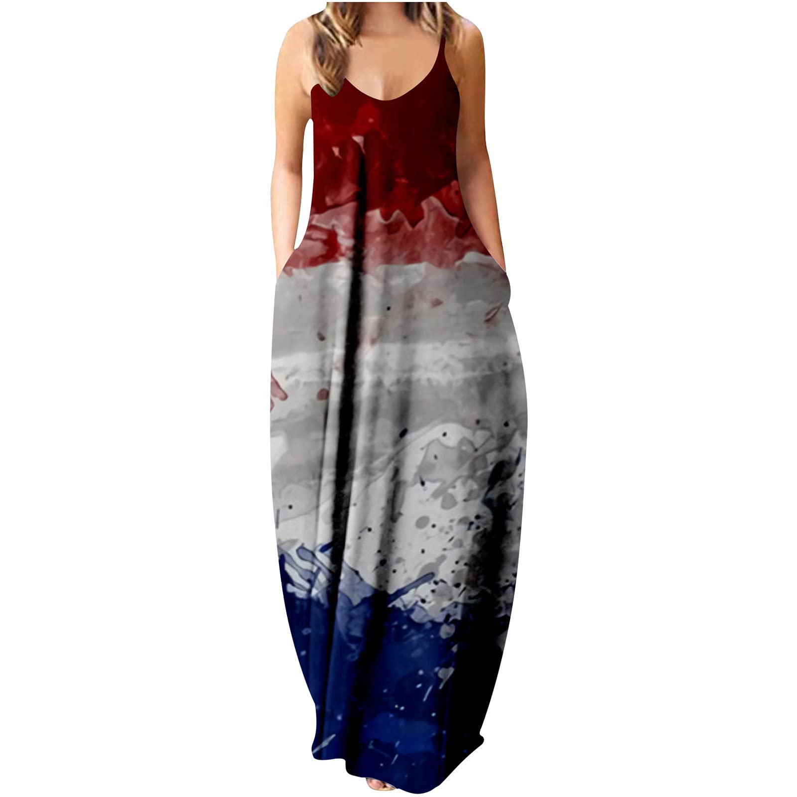 GBSELL Women's American Flag Maxi Dress - Sleeveless 4th of July Patriotic Long Dress with Pockets | Perfect for Independence Day Celebrations, BBQ Parties & Summer Festivals