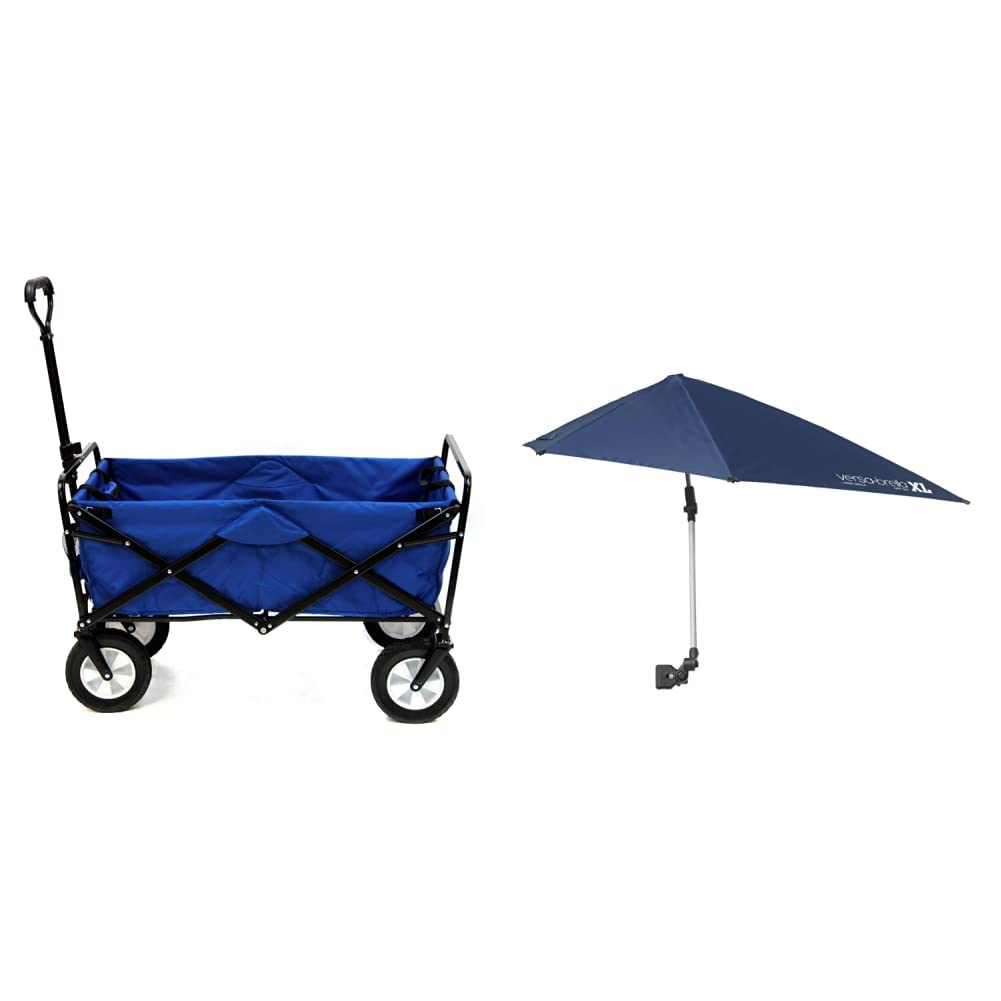 MAC Sports WTC-111 Heavy Duty Outdoor Utility Wagon with 300lb Capacity & Sport-Brella Versa-Brella XL All-Position Clamp Umbrella - Perfect for Beach, Camping, Picnics, and Outdoor Events (Solid Blue & Midnight Blue)