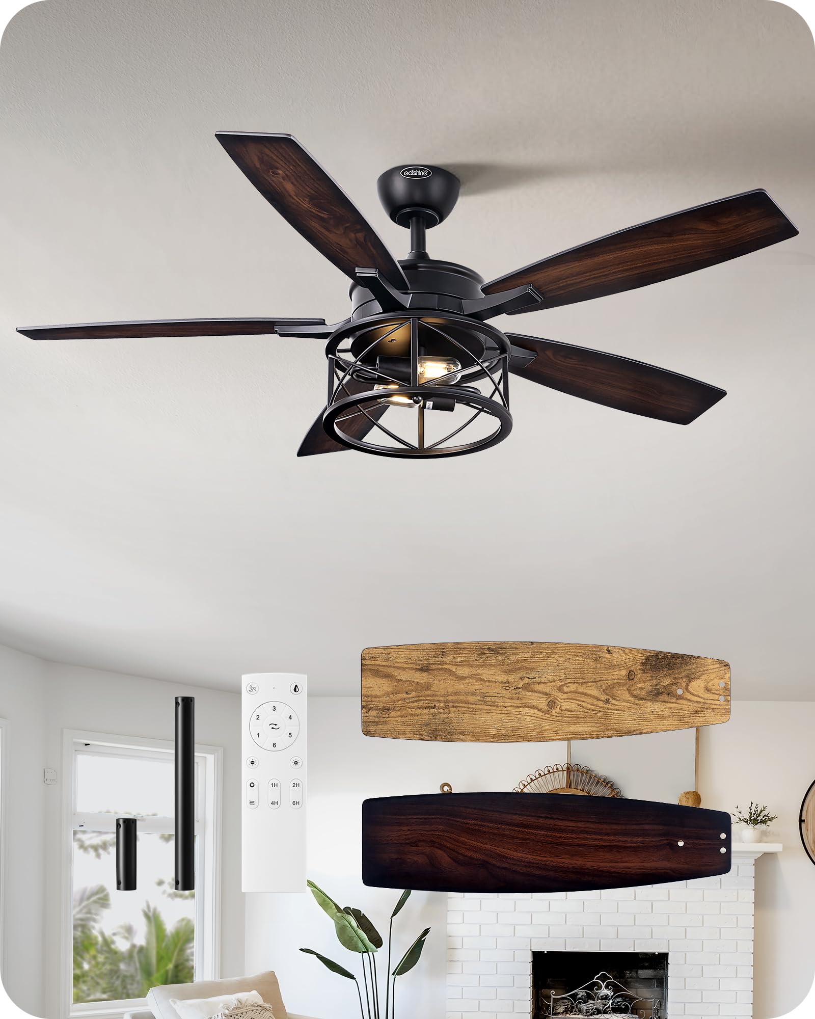 EDISHINE 52 Inch Farmhouse Ceiling Fan with Light Kit & Remote Control - Rustic Wood Blades Ceiling Fan with 6-Speed Reversible DC Motor & Timer - Perfect for Bedroom, Living Room, Patio, Porch & Outdoor Spaces
