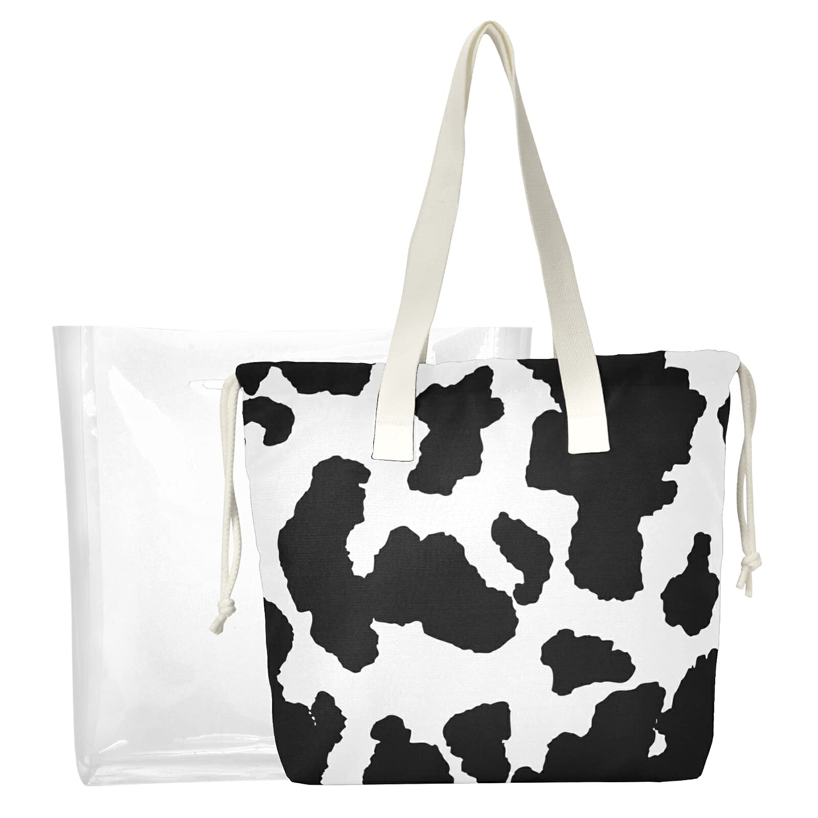 Cute Cow Print TPU Clear Beach Tote Bag - 2-in-1 Shopping & Shoulder Handbag for Women | Summer Travel, Gym, Office Work, Pool Party & Beach Vacation Essentials