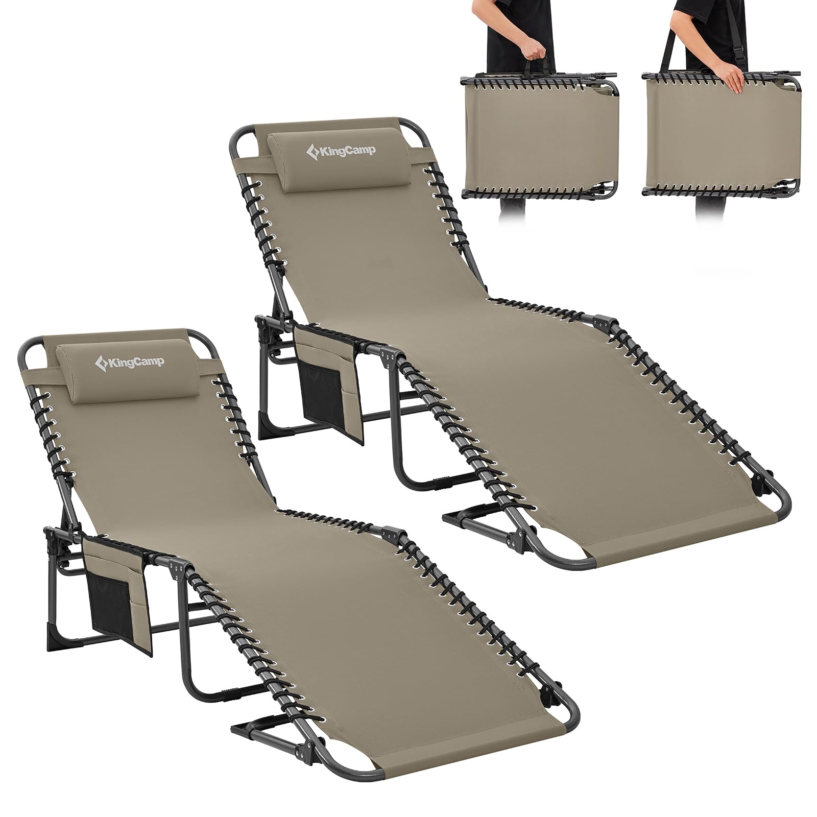 KingCamp 2-Pack Adjustable 5-Position Folding Lounge Chairs with Pillow - Portable Outdoor Chaise Lounge for Beach, Pool, Patio, Backyard & Camping - Comfortable Sunbathing & Relaxation (Beige)