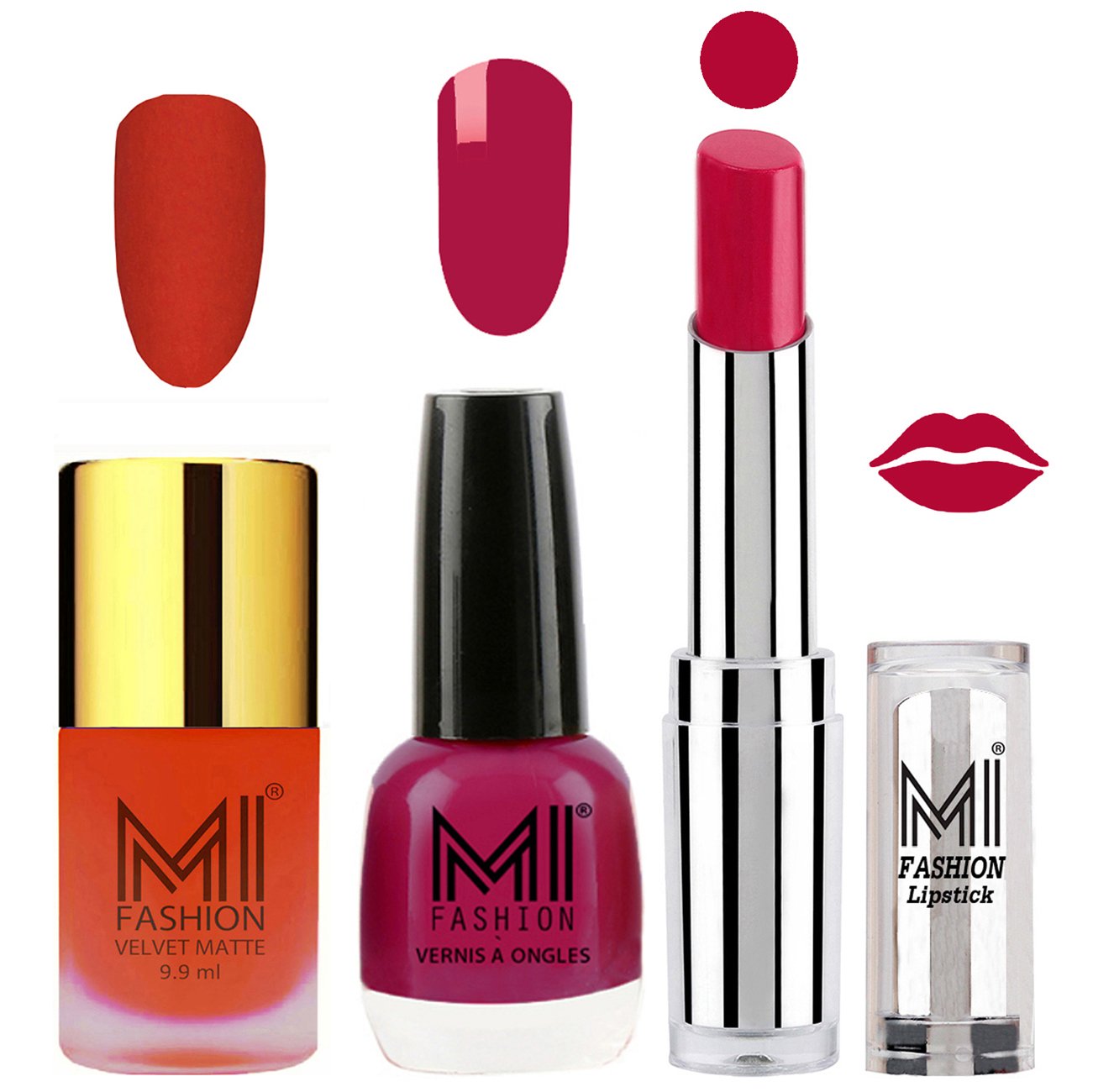 MI Fashion Nail Polish & Lipstick Set - Matte Orange Nail Polish, Shiny Pink Nail Polish & Dark Magenta Lipstick (3-Piece Combo) | Perfect for Parties, Date Nights & Gift Giving