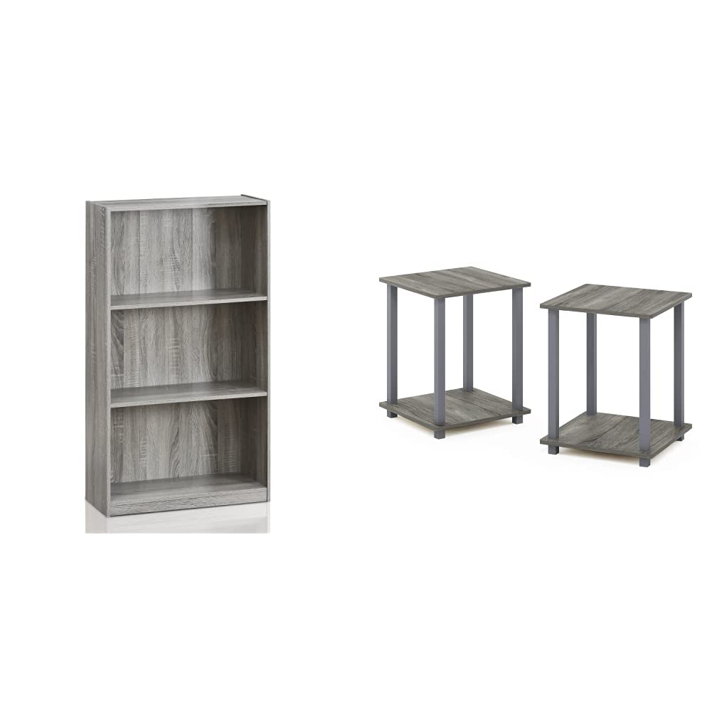 Furinno Basic 3-Tier Bookcase with 2 End Tables - French Oak Grey Storage Shelving Unit & Nightstands for Bedroom, Living Room, and Office Organization