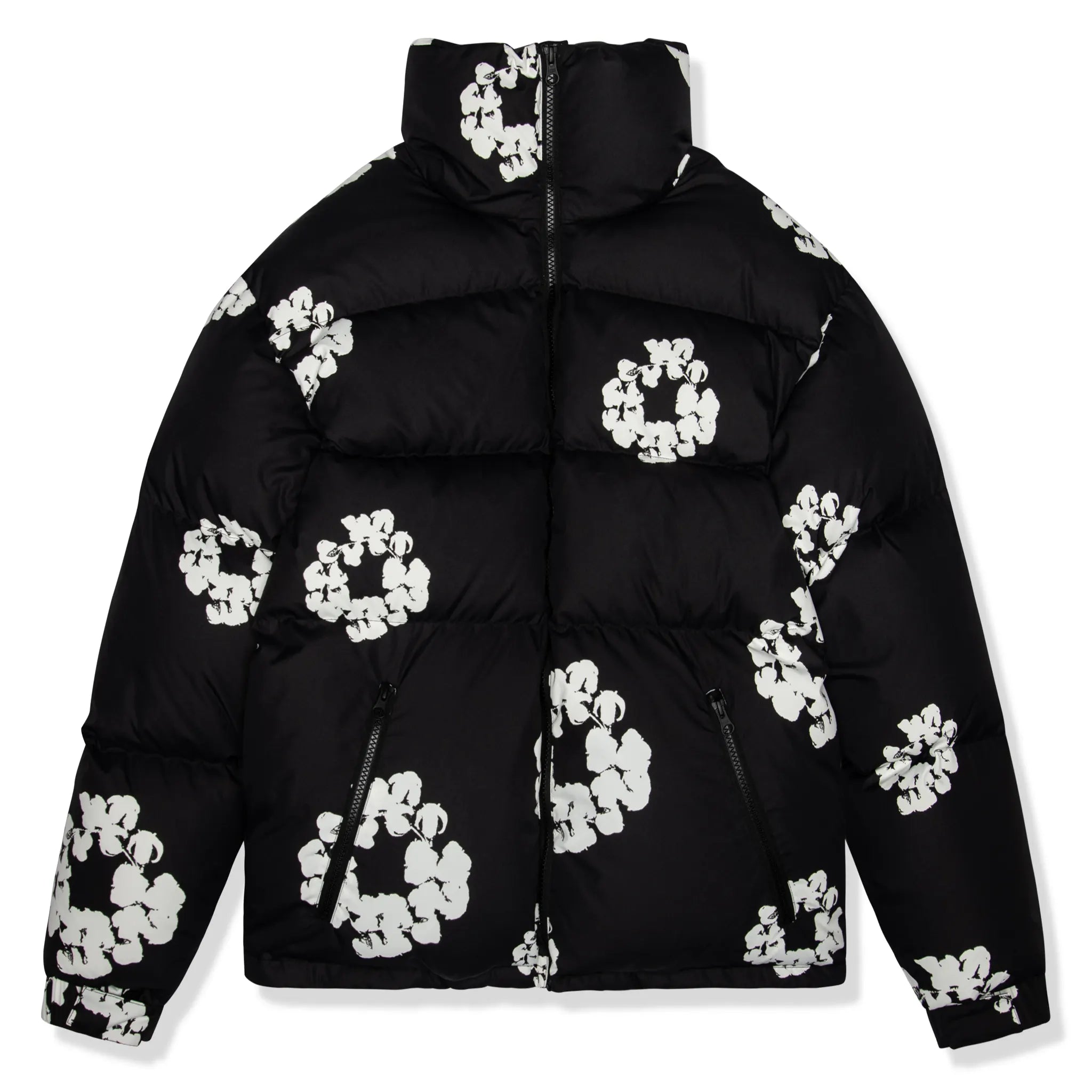 Denim Tears Cotton Wreath Black Puffer Jacket for Men - Winter Warm Quilted Coat with Hood - Streetwear Fashion for Urban Style & Outdoor Activities