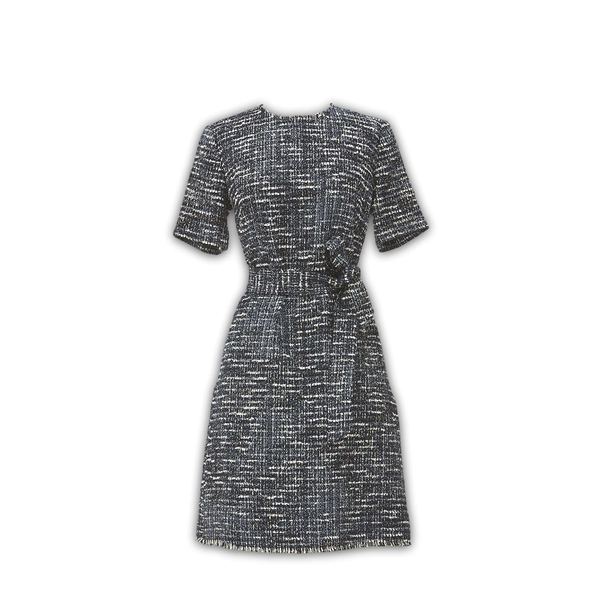 J. Peterman Women's Classic Fit Belted Short Sleeve Crewneck Wool Blend Tweed Dress - Navy and White | Elegant Office Wear & Spring Wedding Guest Outfit