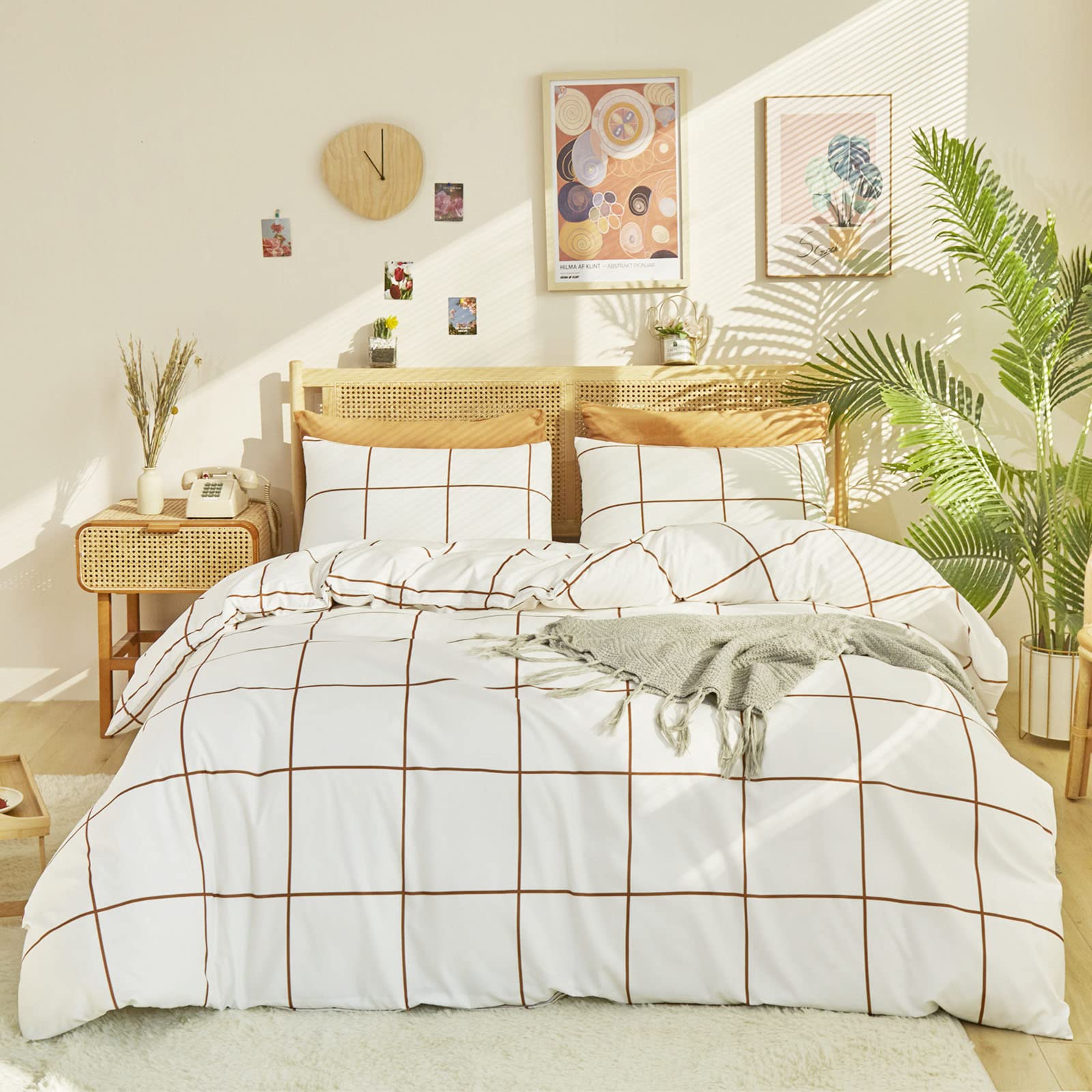 Luxlovery White Plaid Comforter Set Full Size - Soft Breathable Checkered Quilted Blanket for Women & Men, Pumpkin & White Grid Modern Bedding - Perfect for Cozy Winter Nights & Stylish Home Decor