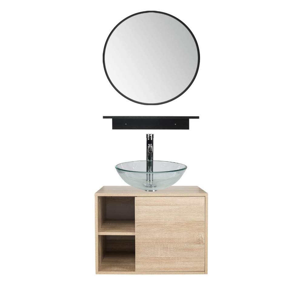 YOURLITE Wall Mounted Bathroom Vanity Set with Mirror & Storage Shelves - PVC Board Natural Finish Cabinet with Black Side Shelf (Includes Round Glass Sink) - Perfect for Small Bathrooms, Powder Rooms & Modern Home Decor