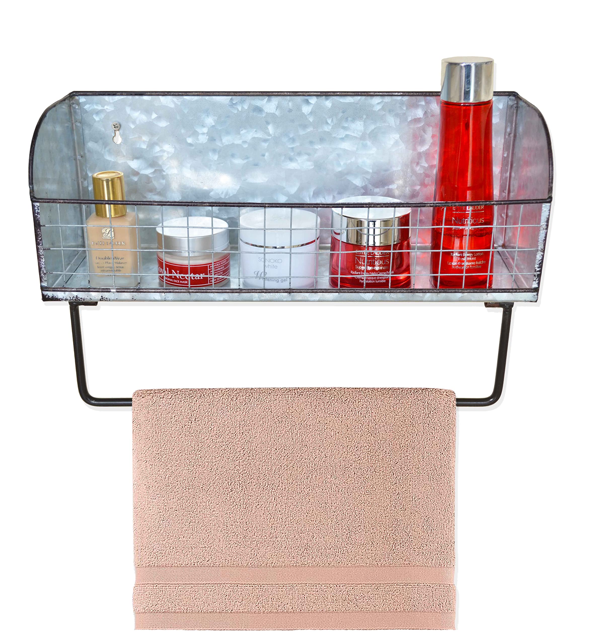 Rustic Galvanized Metal Bathroom Storage Box with Towel Bar - Farmhouse Spice Rack & Kitchen Utensil Holder - Perfect for Bathroom Organization, Farmhouse Decor & Kitchen Storage