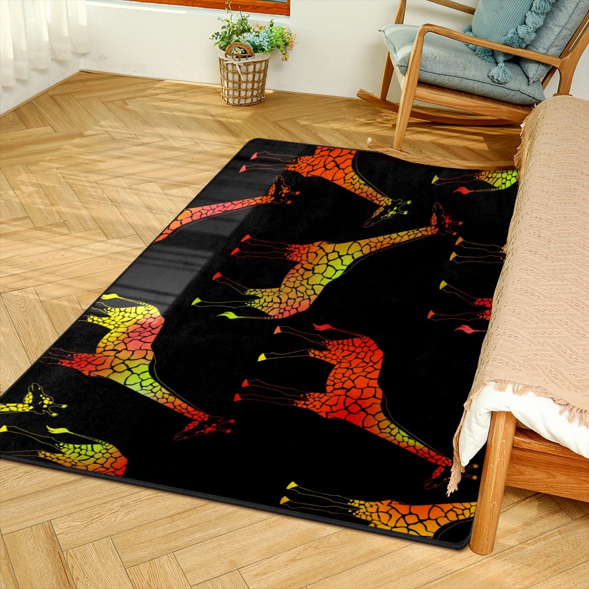 **72x48 Inch Non-Slip Sponge Velvet Area Rug - Giraffe Pattern in Orange, Yellow & Black - Soft Kitchen, Bedroom, Living & Dining Room Floor Runner for Home Decor**    *(Use in high-traffic areas like hallways, kitchens, or under furniture for added comfort and style.)*