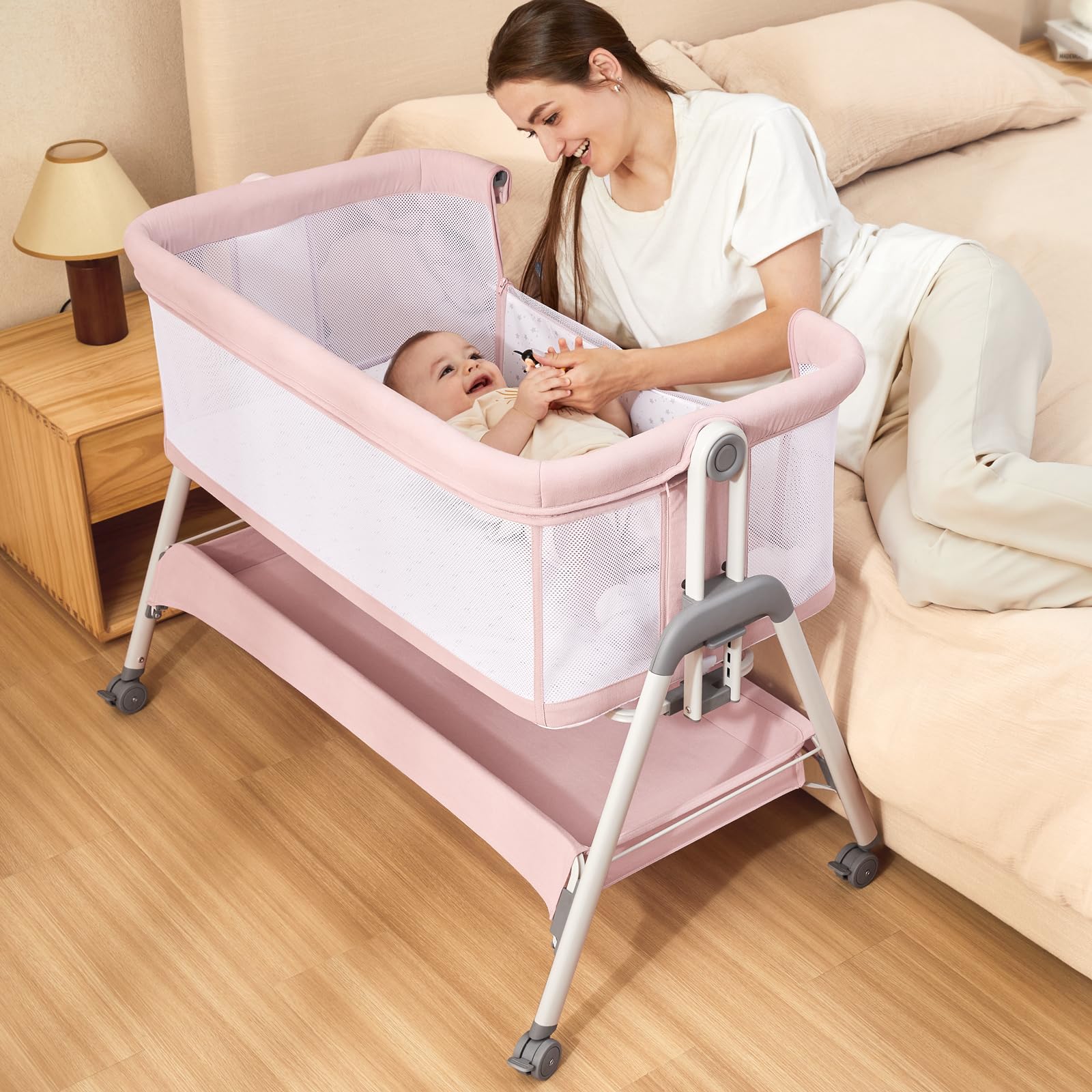 **ANGELBLISS Portable Baby Bassinet Bedside Sleeper - Adjustable Height, Wheels & Mattress Included - Pink Crib for Newborns & Infants - Perfect for Nursery, Travel & Co-Sleeping**