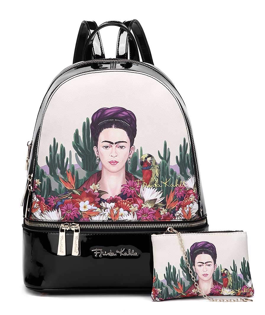 Frida Kahlo Cactus Print Licensed Faux Leather Large Backpack for Women - Stylish Black College School Bag, Travel Daypack & Work Commuter Backpack