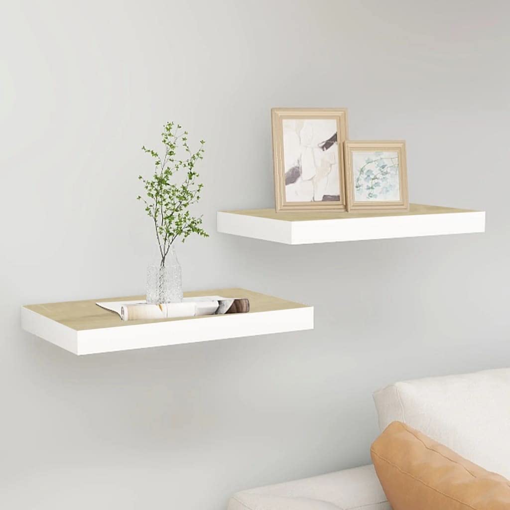Floating Wall Shelves Set of 2 - Oak & White MDF Display Storage Shelves (19.7