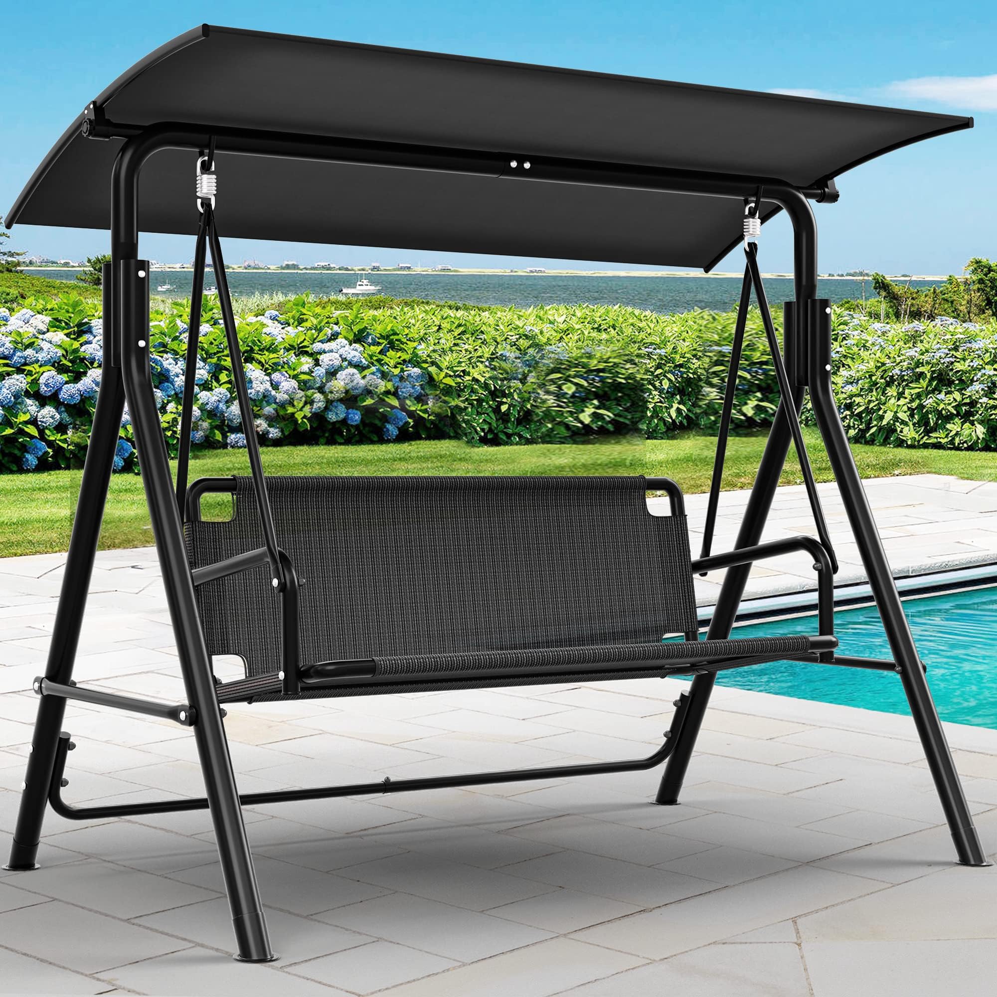 YITAHOME 3-Person Outdoor Patio Swing Chair with Adjustable Canopy - Weather-Resistant Steel Frame Hanging Porch Swing for Garden, Poolside, Balcony (Black) - Perfect for Relaxing, Lounging & Outdoor Entertaining