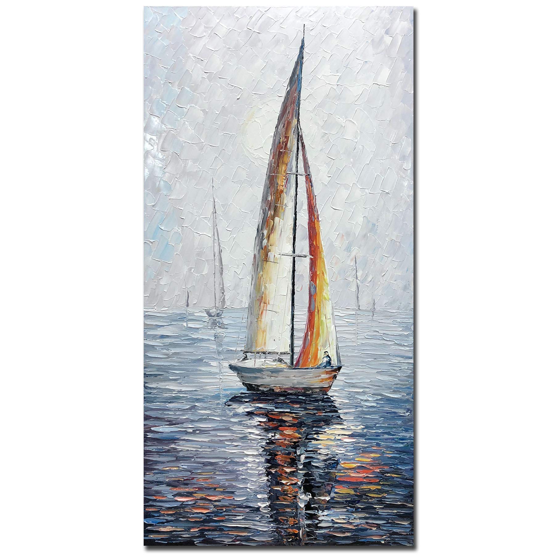24x48 Inch Modern Abstract Hand Painted Oil Painting - Sailing Boat on Sea Acrylic Canvas Wall Art for Living Room & Bedroom | Home Decor | Perfect for Coastal & Nautical Theme Interiors