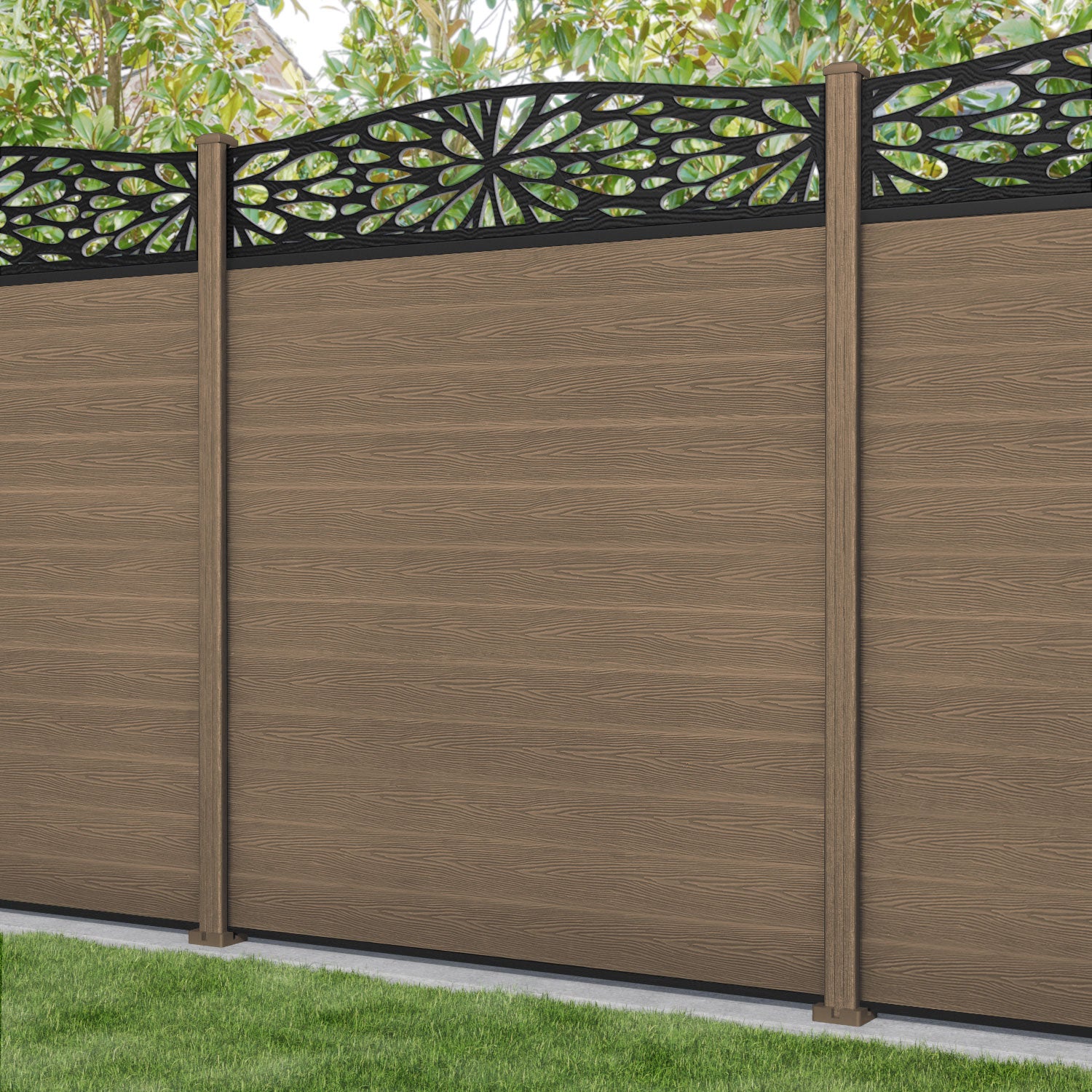 Classic Blossom Curved Top Teak Fence Panel with Composite Posts - Elegant Garden Fencing for Backyard Privacy and Decoration