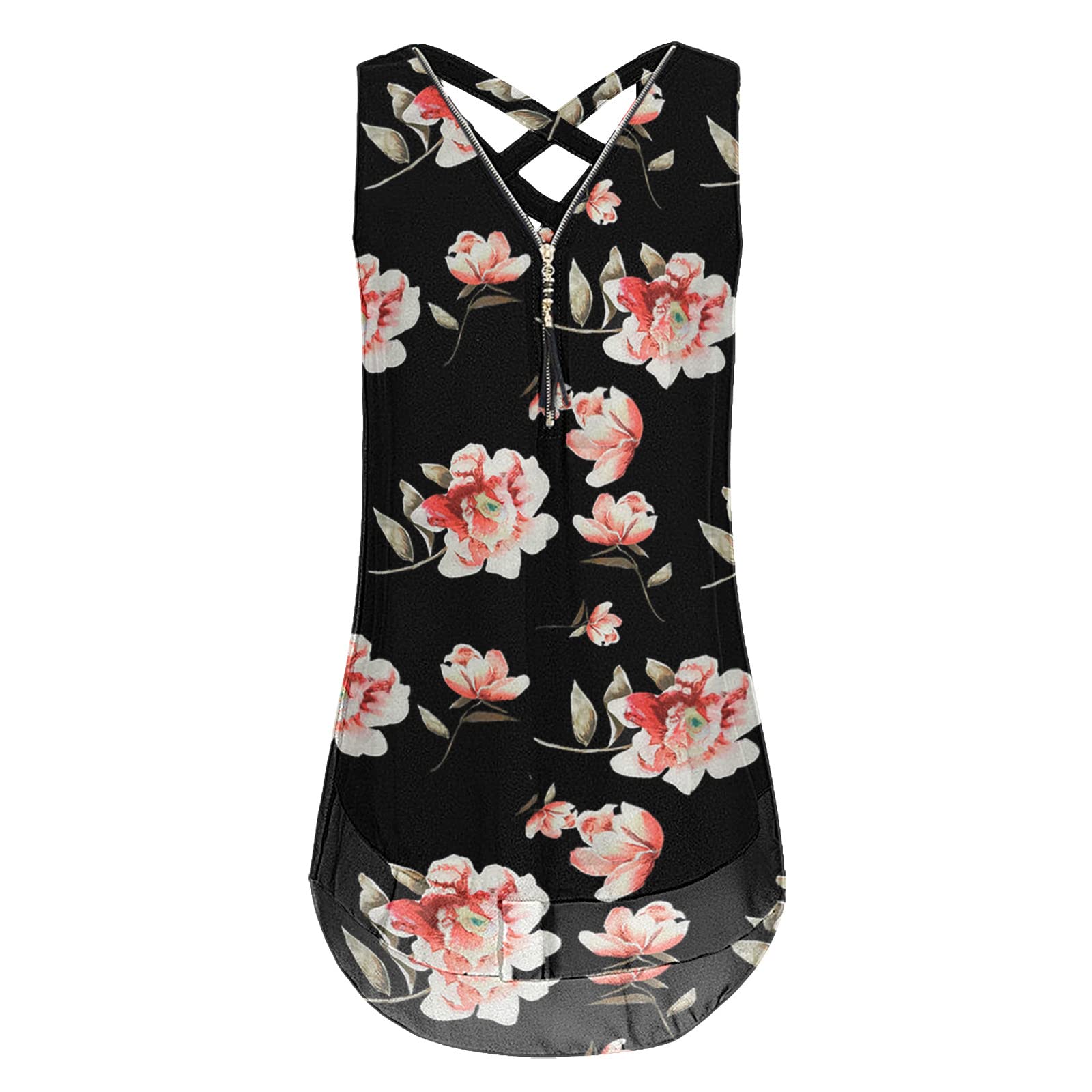Women's Summer Sleeveless Floral Print V-Neck Loose Tank Top with Zipper Detail - Casual Basic Cami Blouse for Beach, Yoga & Everyday Wear (Hot Pink, Size S)