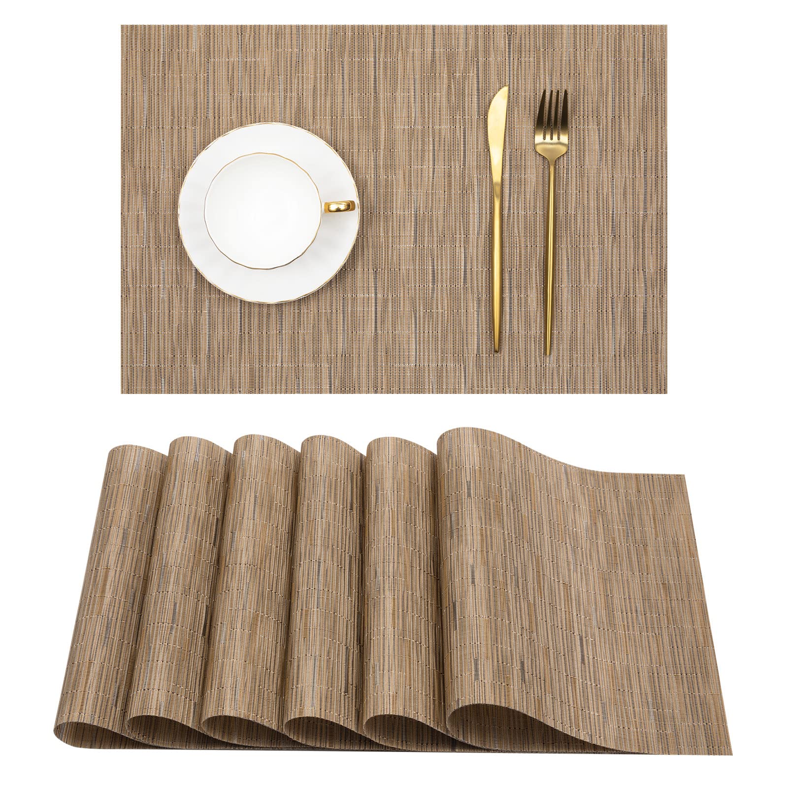 U'Artlines Heat-Resistant PVC Placemats Set of 6 - Stain Proof, Non-Slip, Washable Vinyl Table Mats for Dining Room, Kitchen & Outdoor Use (Beige)