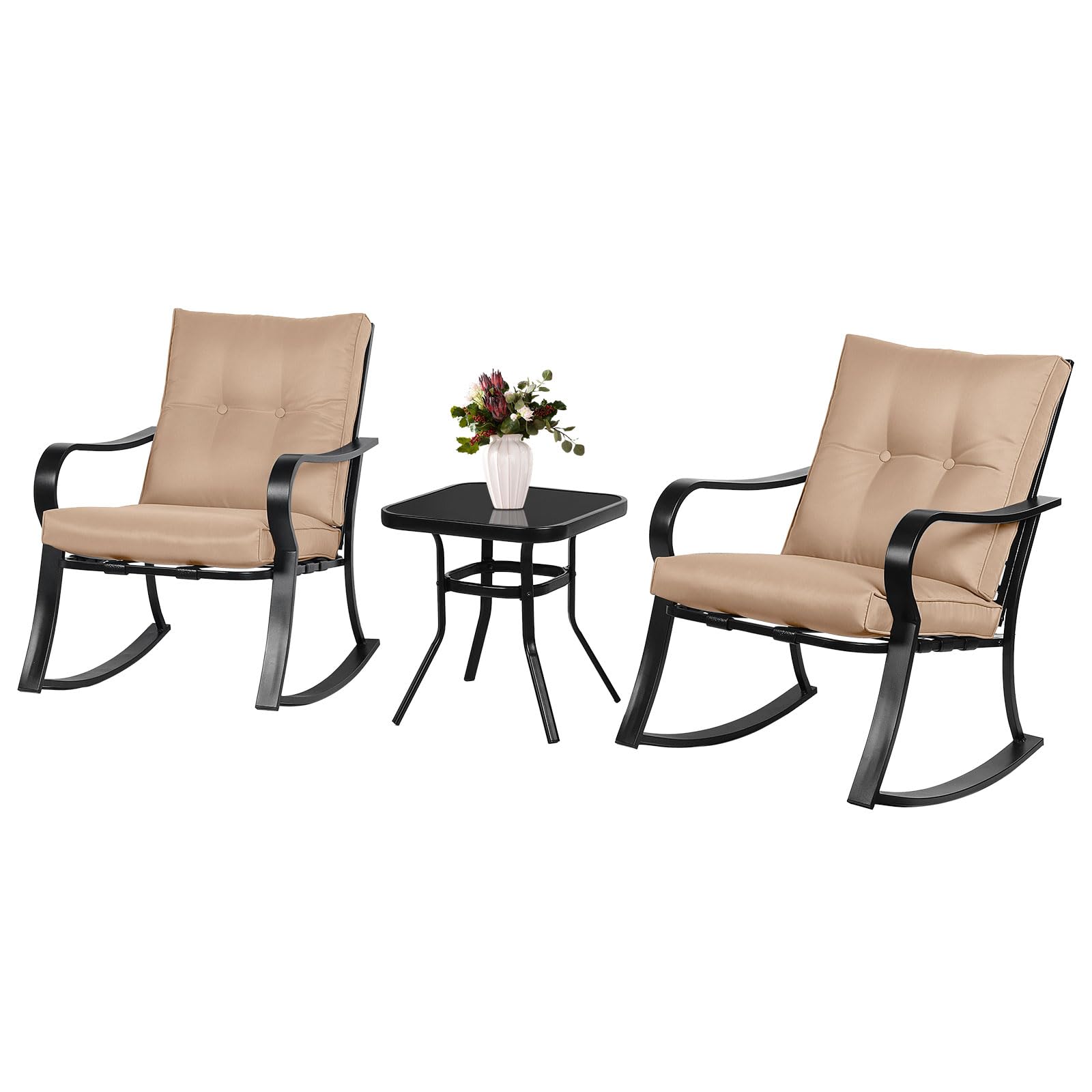 Crownland 3-Piece Outdoor Patio Set - Black Iron Rocking Chairs with Thickened Cushions & Glass Coffee Table - Perfect for Garden, Porch, Backyard Relaxation & Outdoor Entertaining