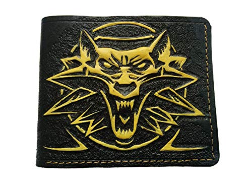 Handcrafted 3D Genuine Leather Bifold Wallet for Men - Wolf & Witch Video Game Themed Carved & Airbrushed Custom Design - Perfect Gift for Gamers & Fantasy Lovers