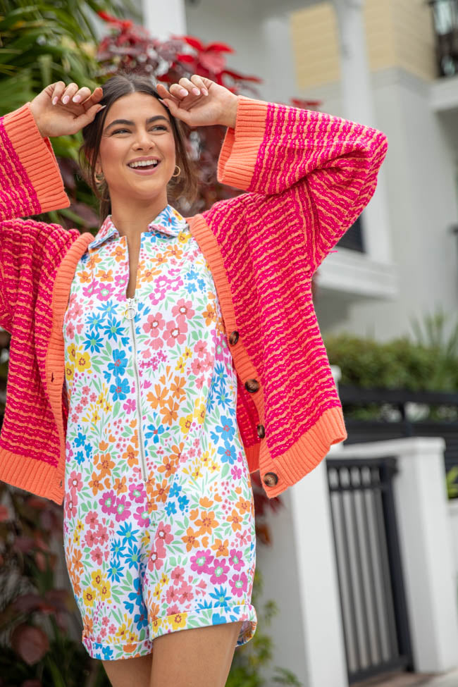 Trendy Pink and Orange Woven Textured Knit Cardigan for Women - Soft Long Sleeve Open Front Sweater - Perfect for Fall Layering, Office Wear & Casual Outfits