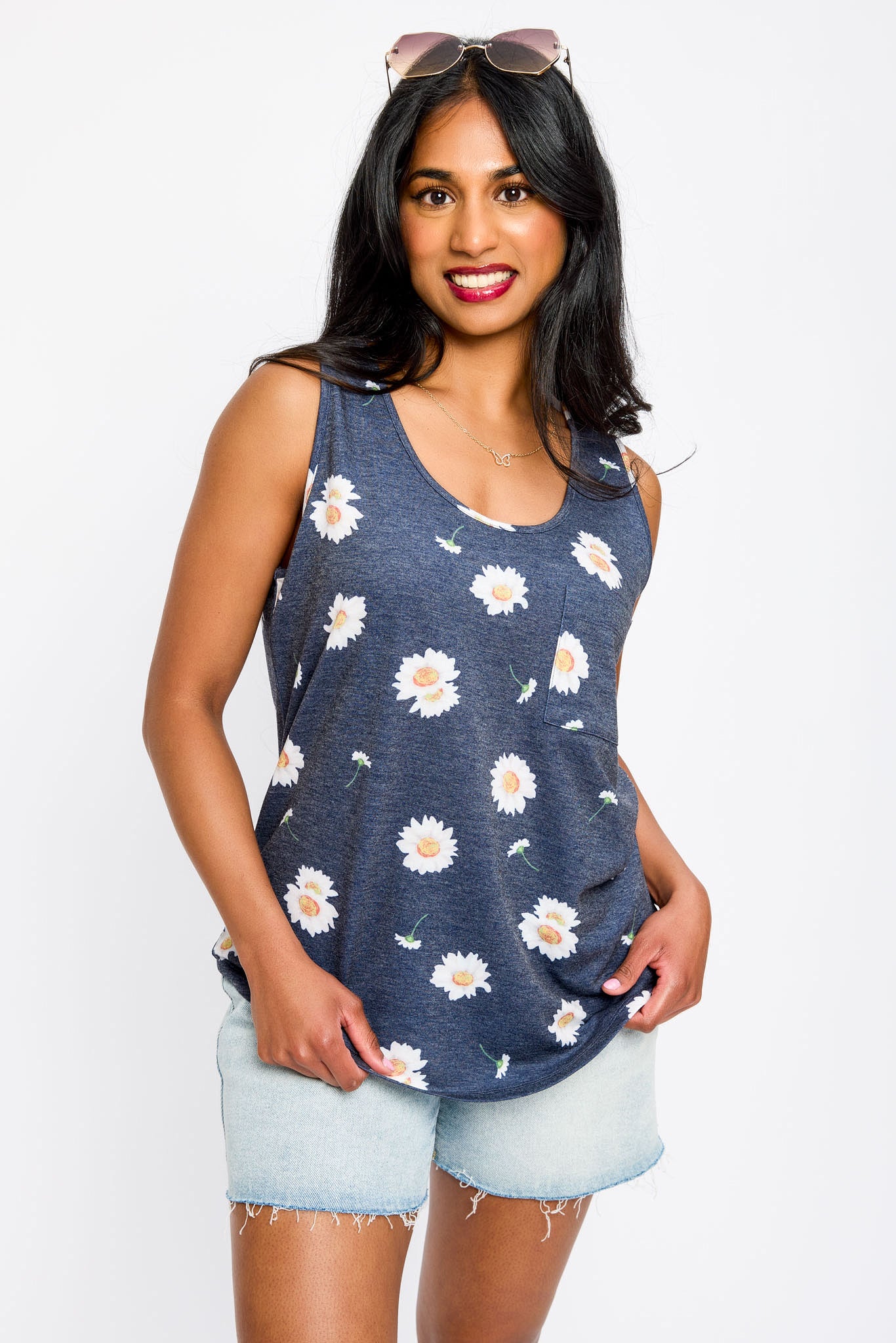 Daisy Print Sleeveless Scoop Neck French Terry Tank Top for Women | Summer Casual Wear, Yoga, Beach Outfits & Layering