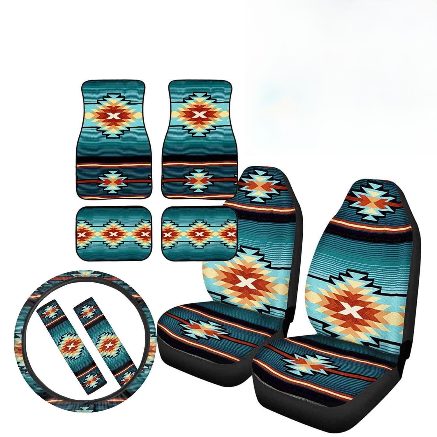 Premium Southwestern Native Navajo Aztec Car Seat Covers Set - 2pc Front Seat Covers, 4pc Floor Mats, Steering Wheel Cover & More for SUV/Truck Interior Protection | Southwest Style Auto Accessories for Road Trips & Daily Commute