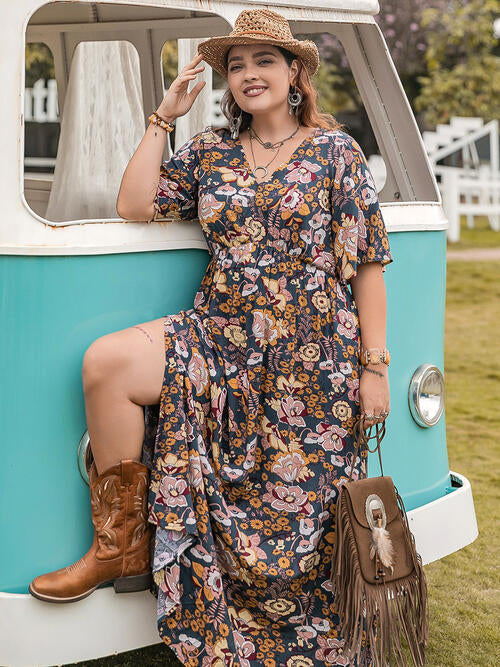 Floral Print V-Neck Short Sleeve Slit Dress for Women - Summer Casual, Beach Party & Date Night Outfits