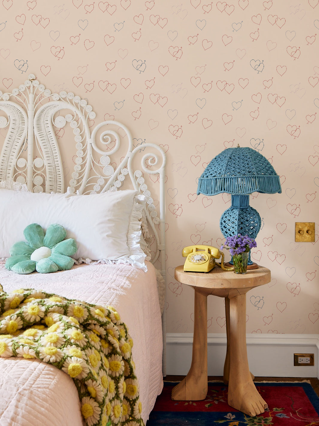Lingua Franca Embroidered Hearts Wallpaper - Cream Floral Peel & Stick Wallpaper for Bedroom, Nursery, or Home Decor