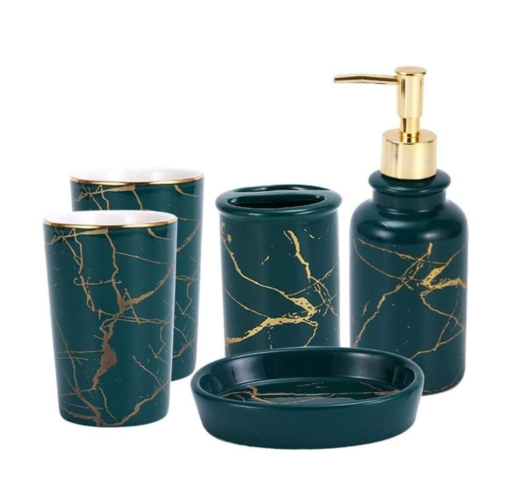 Nordic Ceramic Bathroom Accessories Set - Imitation Marble Toothbrush Holder, Soap Dispenser, Cup & Soap Dish | Modern Bath Decor for Home, Apartment & Hotel Use