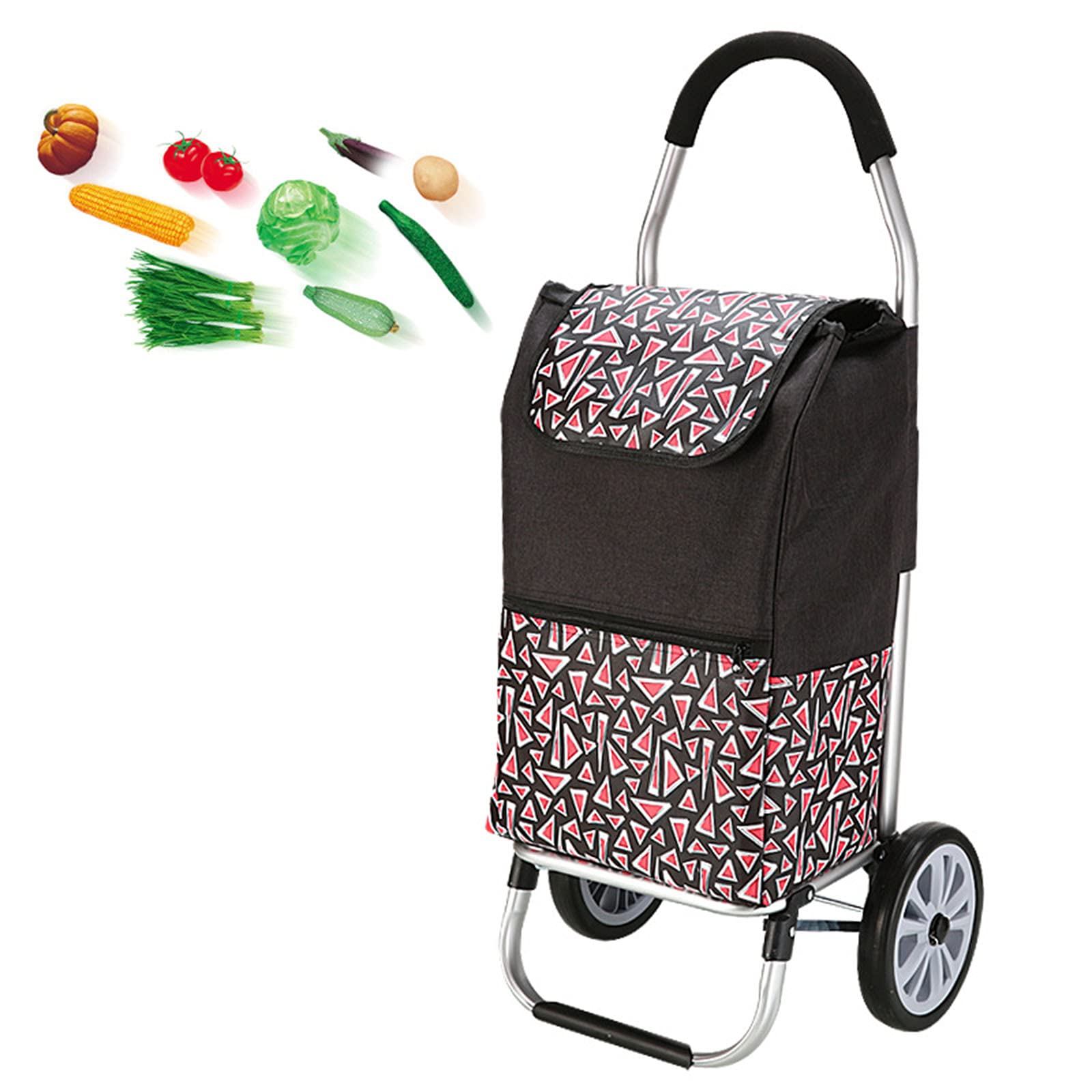 Foldable Grocery Shopping Cart with Wheels - Lightweight Food Organizer Trolley Bag for Supermarket, Farmers Market & Home Use - Black Collapsible Pull Cart for Easy Transport