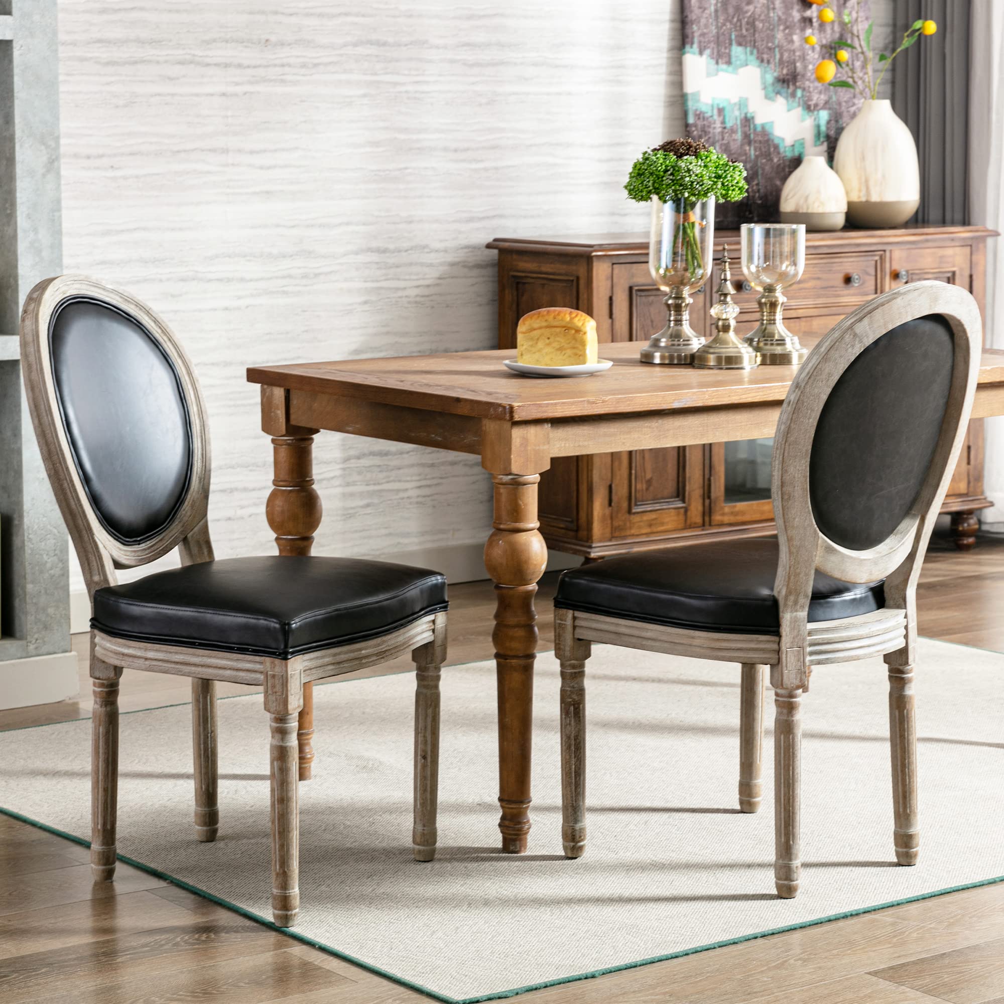 DM Furniture Farmhouse Leather Dining Chairs Set of 2 - French Country Style Round Back Bistro Chairs with Wood Legs for Dining Room, Living Room, Kitchen & Restaurant - Black | Perfect for Farmhouse Decor, Kitchen Breakfast Nook & Cafe Seating