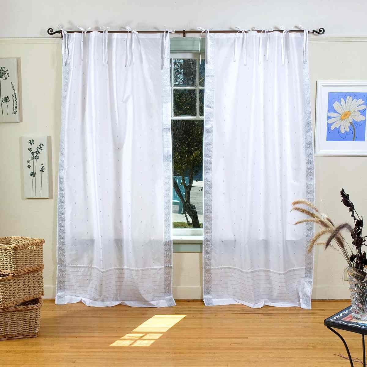 Indian Selections Lined White Silver Tie Top Sheer Sari Curtain Drape - 43