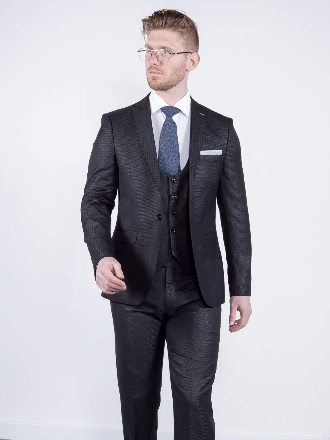 Bond Men's 3 Piece Slim Fit Black Textured Suit | Formal Business Attire | Wedding, Office & Special Occasion Wear