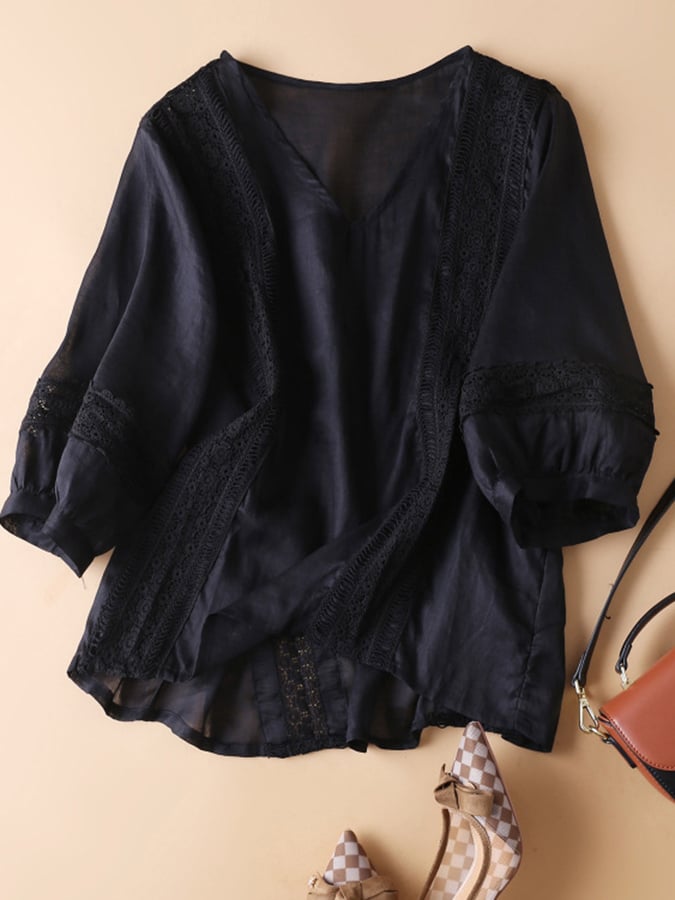 Lovevop Women's Cotton V-Neck Pullover Lace Blouse - Elegant Casual Top for Work, Date Night & Spring Outfits